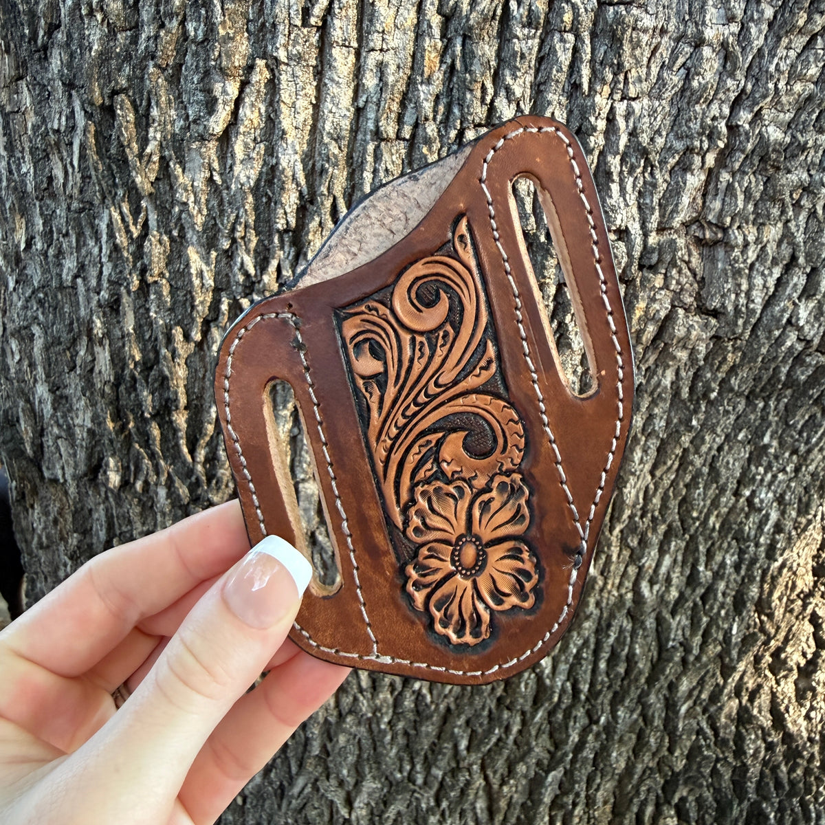 Floral Carved Pancake Knife Sheath - Brown & Natural