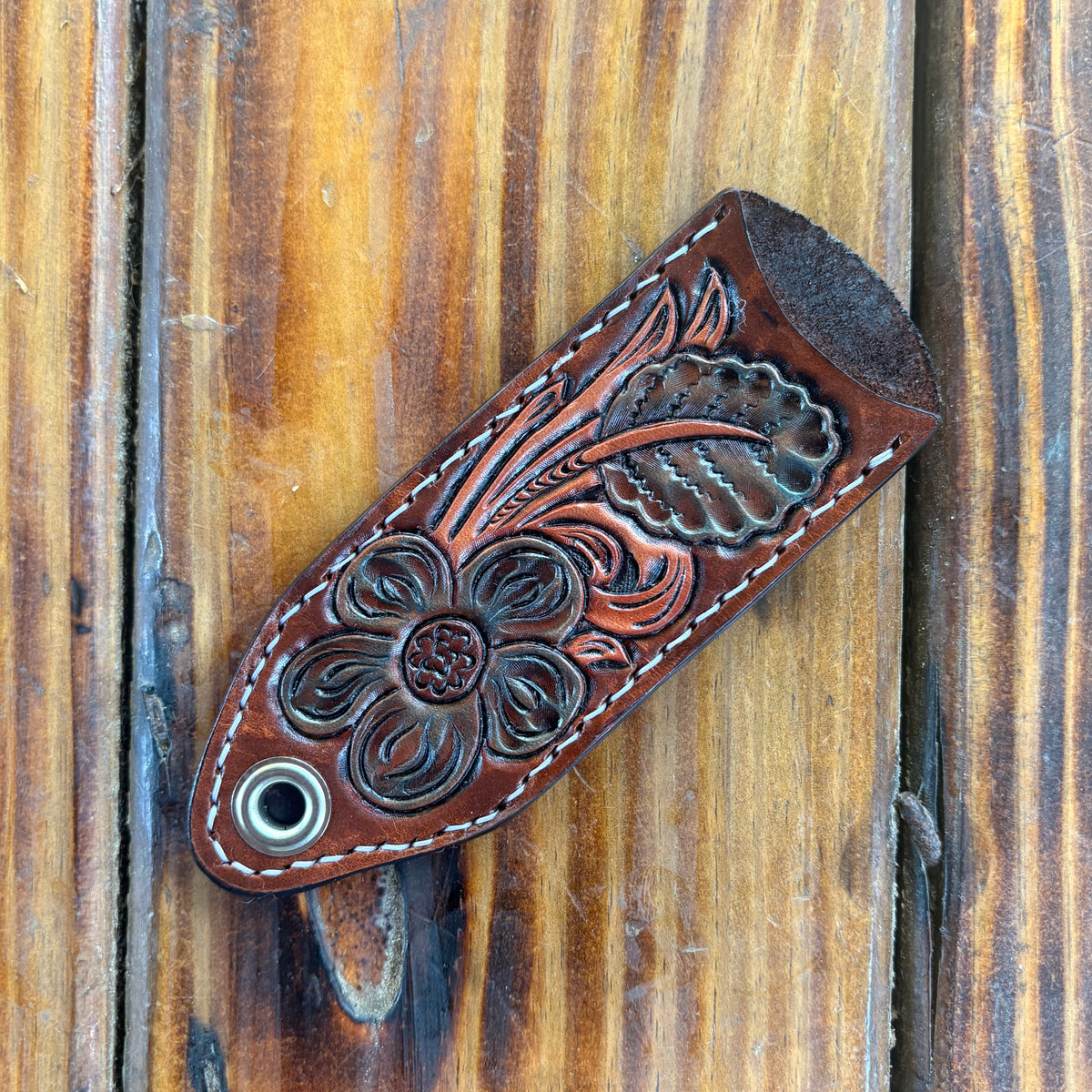 Floral Carved Cast Iron Skillet Handle - Dark Brown & Natural With Blue Accents