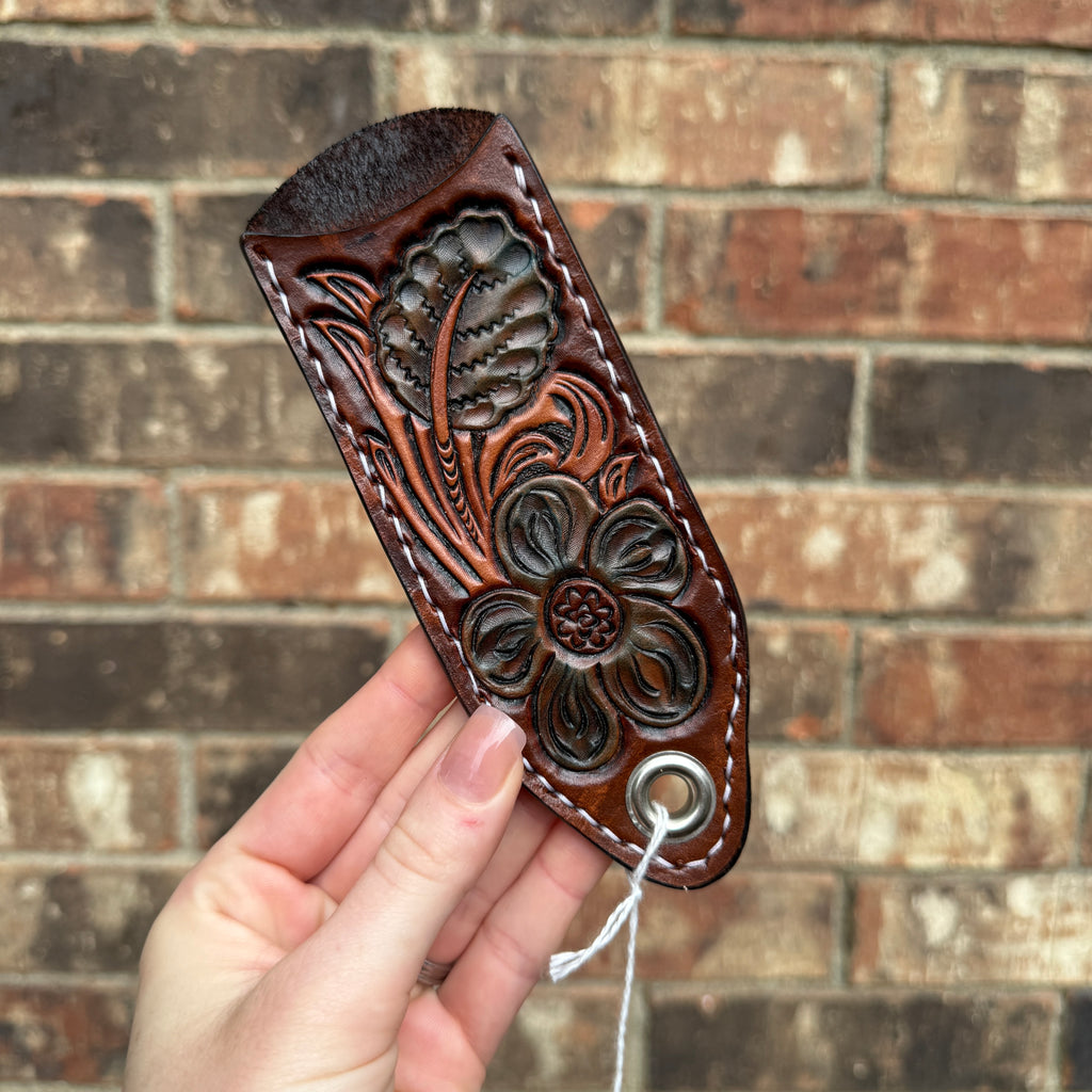 Floral Carved Cast Iron Skillet Handle - Dark Brown & Natural With Blue Accents