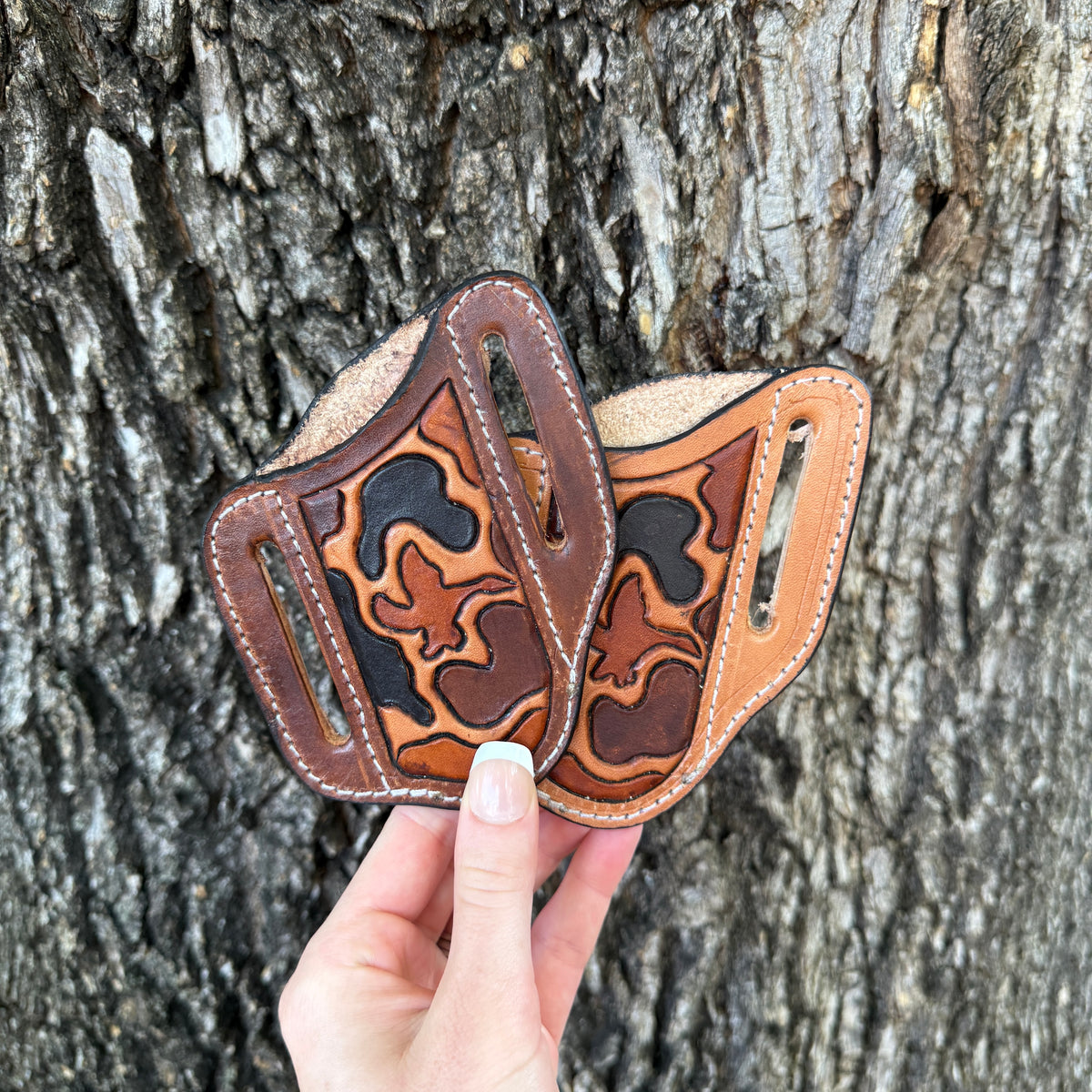 Camo Duck Carved Pancake Knife Sheath - Brown