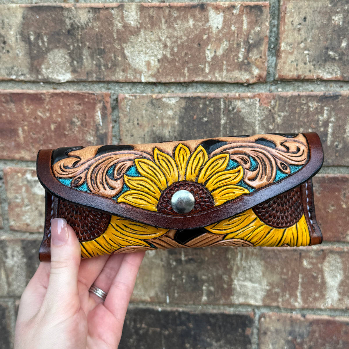 Yellow Sunflower Leopard Sunglass Case - Teal Background