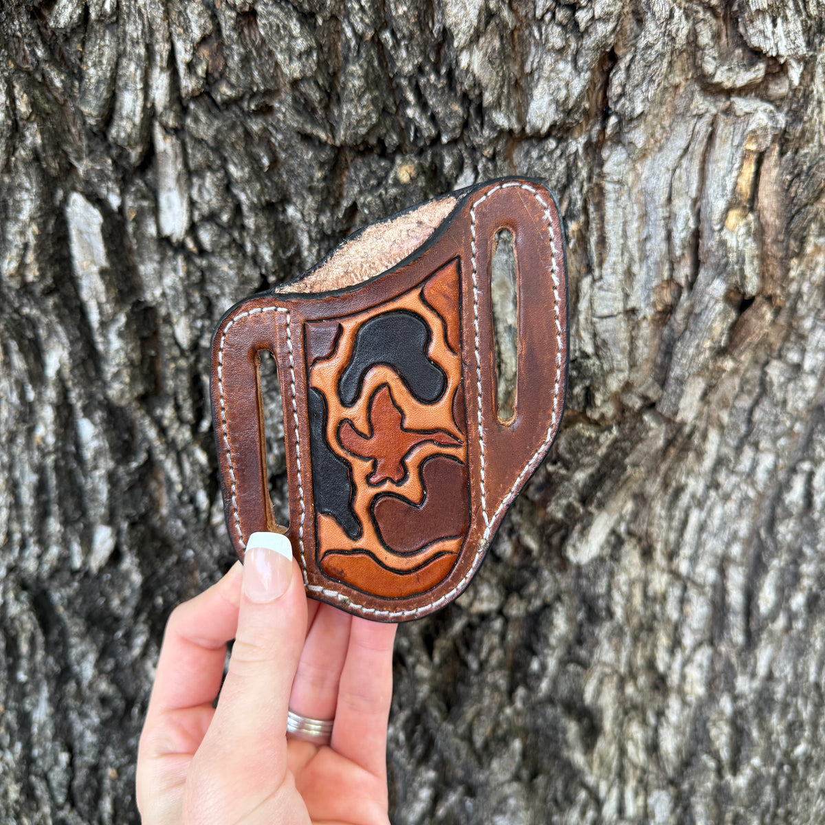 Camo Duck Carved Pancake Knife Sheath - Brown