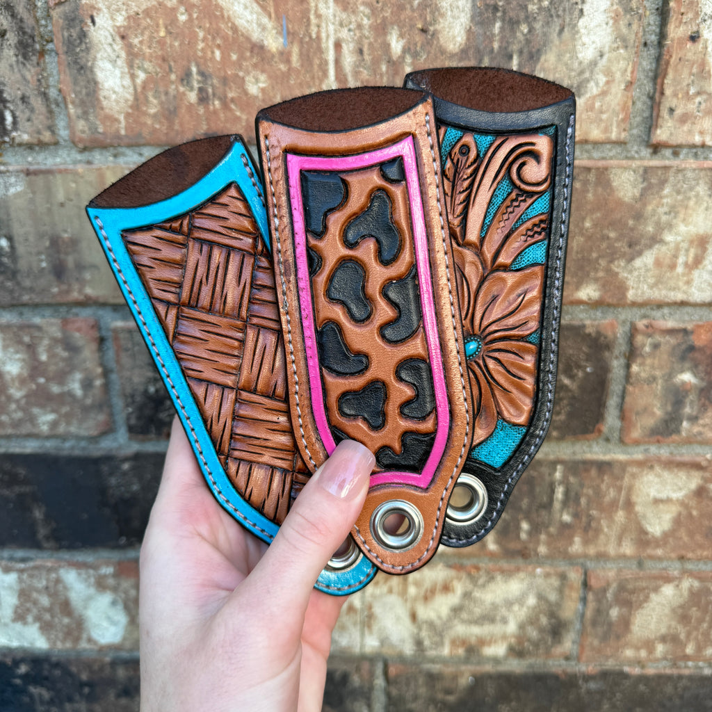Floral Carved Cast Iron Skillet Handle - Black & Natural With Teal Accents