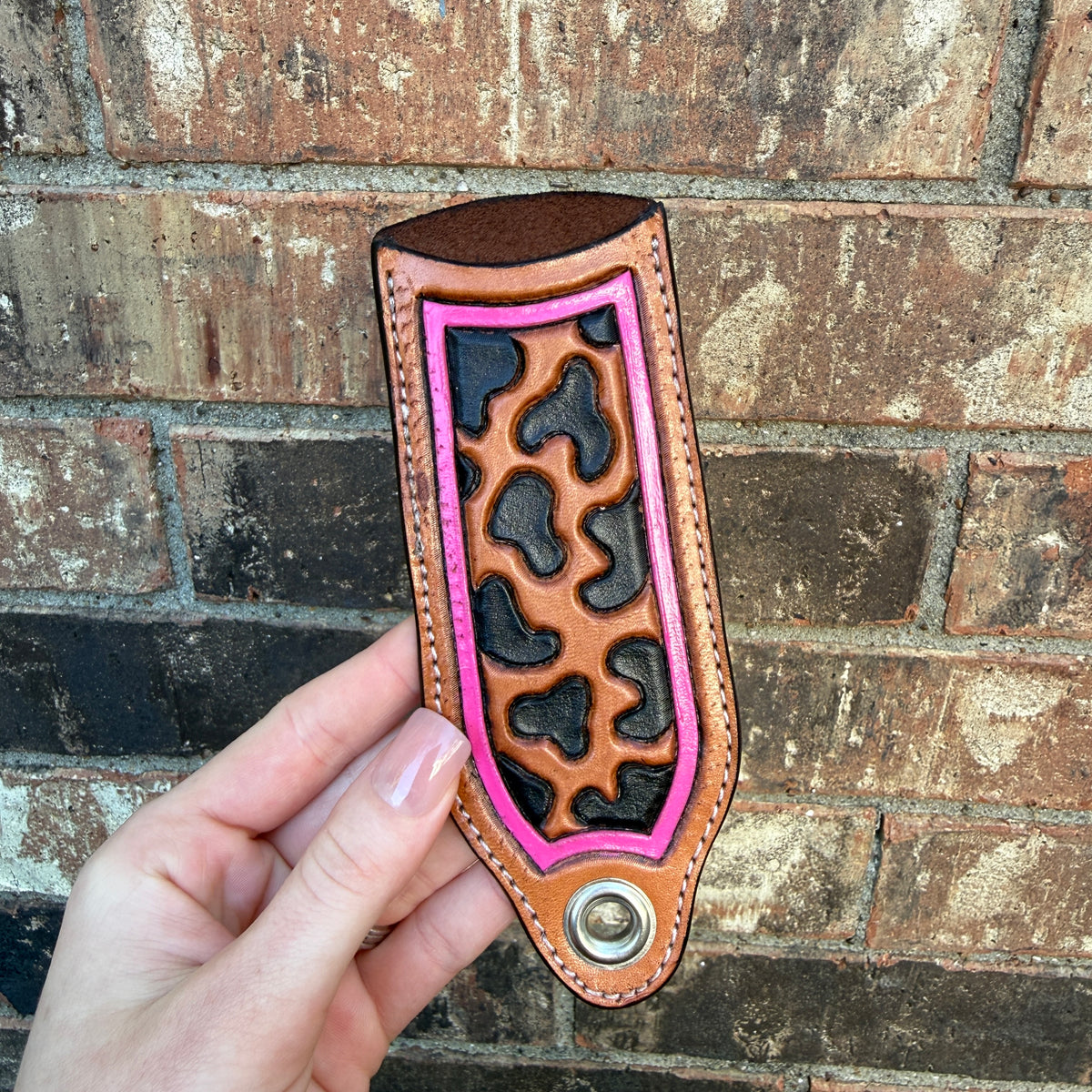 Leopard Carved Cast Iron Skillet Handle - Black & Natural With Pink Accents