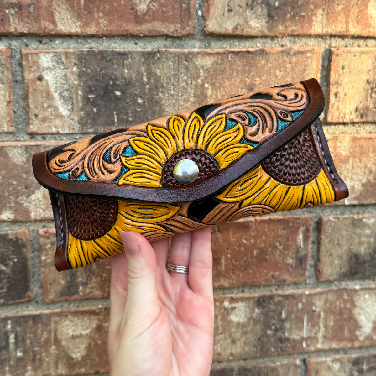 Yellow Sunflower Leopard Sunglass Case - Teal Background