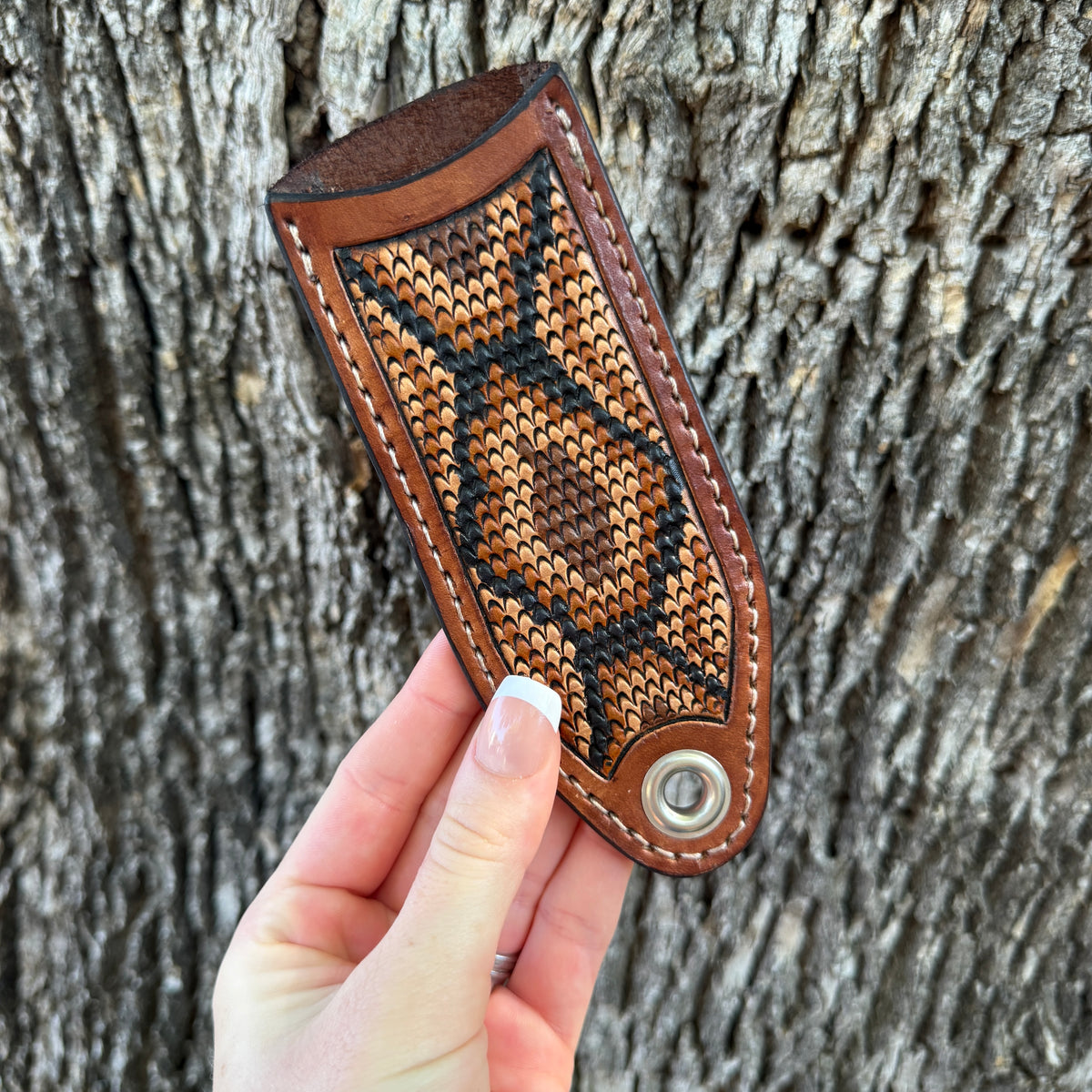 Snakeskin Tooled Cast Iron Skillet Handle - Dark Brown