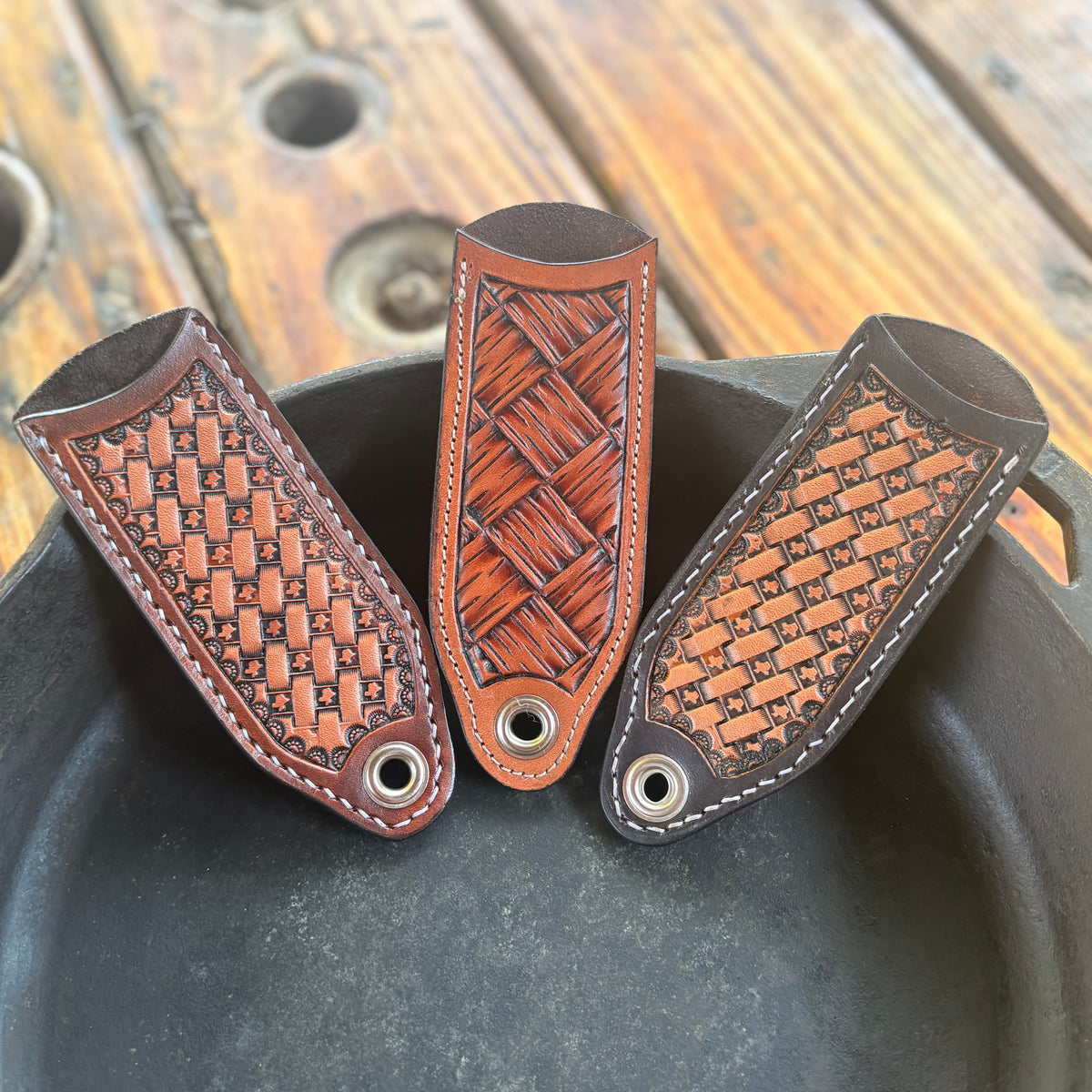 Basket Carved Cast Iron Skillet Handle - Saddle Tan