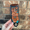 Floral Carved Cast Iron Skillet Handle - Black & Natural With Teal Accents