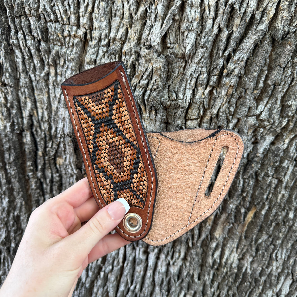Snakeskin Tooled Cast Iron Skillet Handle - Dark Brown
