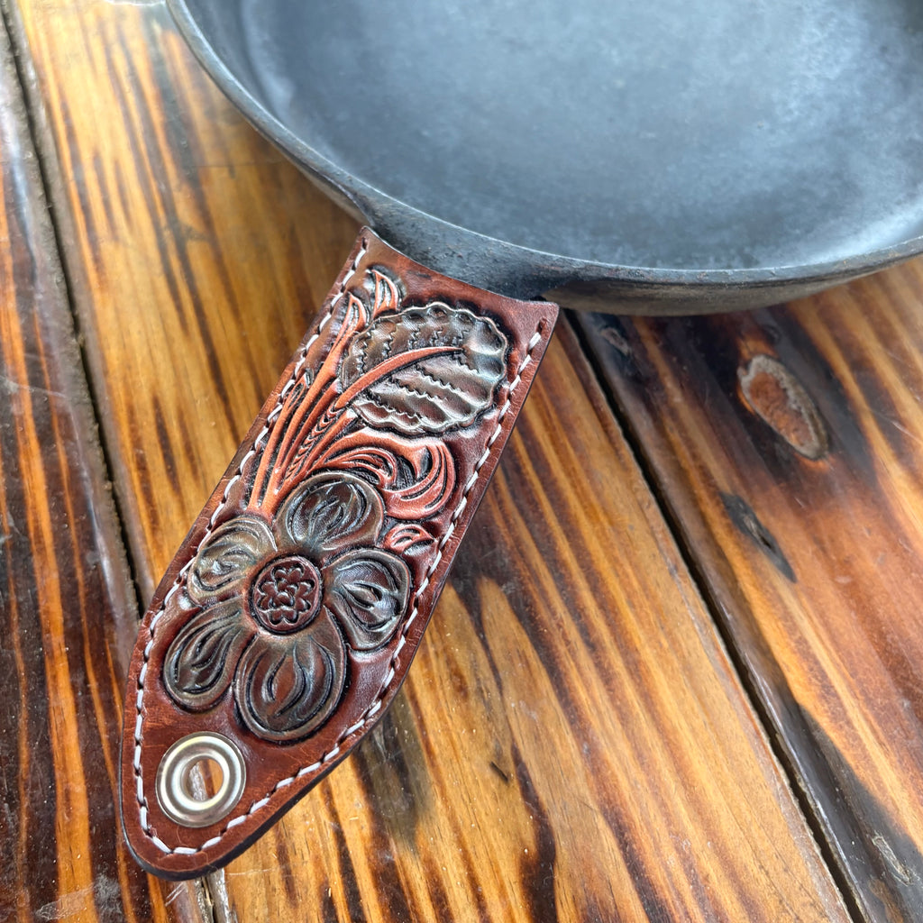 Floral Carved Cast Iron Skillet Handle - Dark Brown & Natural With Blue Accents