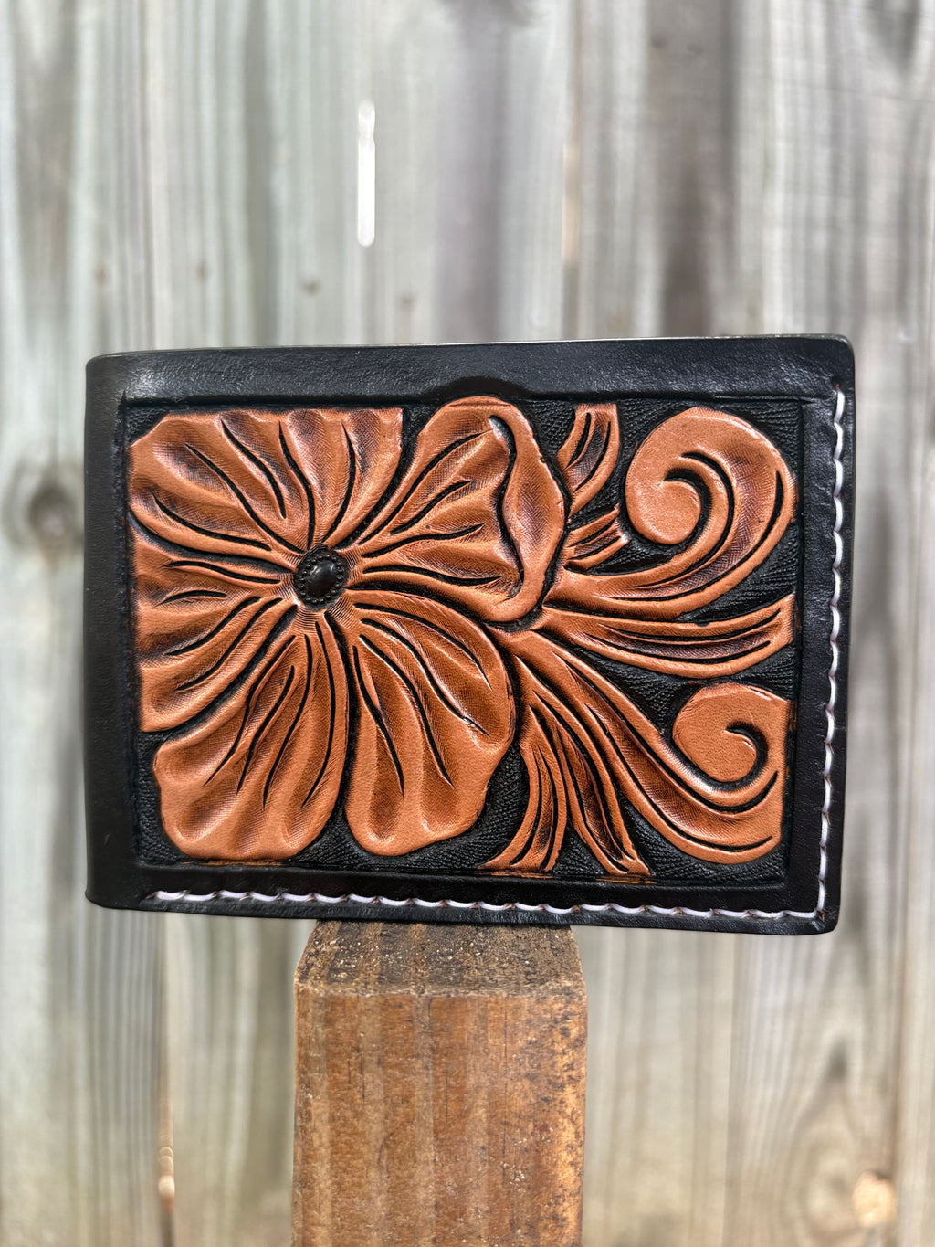 Black Floral Carved Bifold Wallet