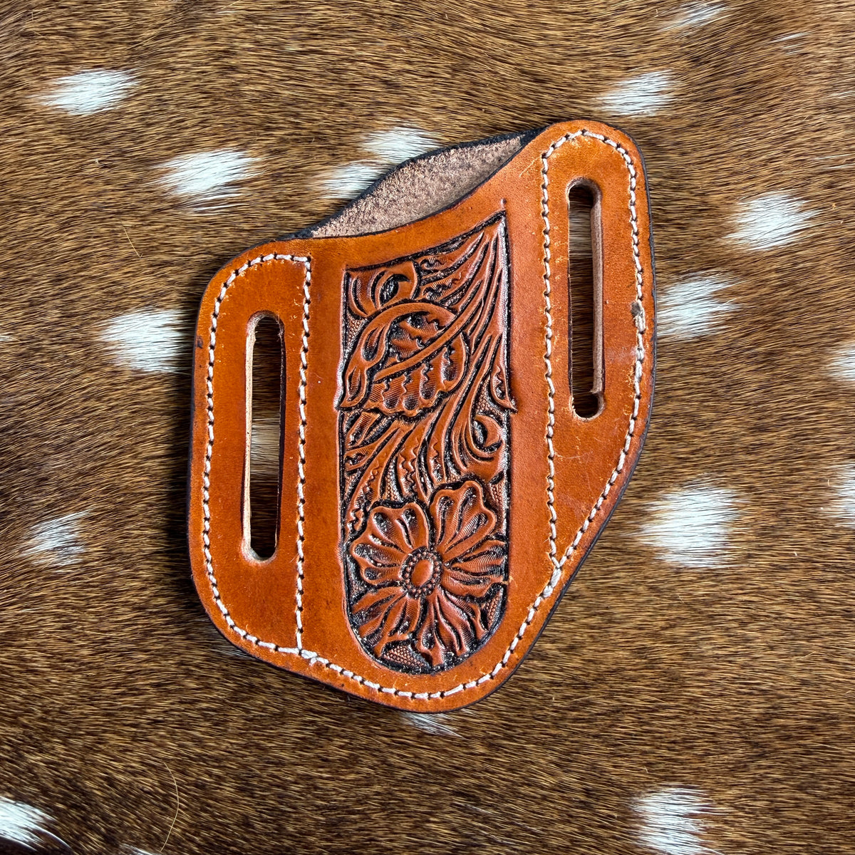Floral Carved Pancake Knife Sheath - Saddle Tan