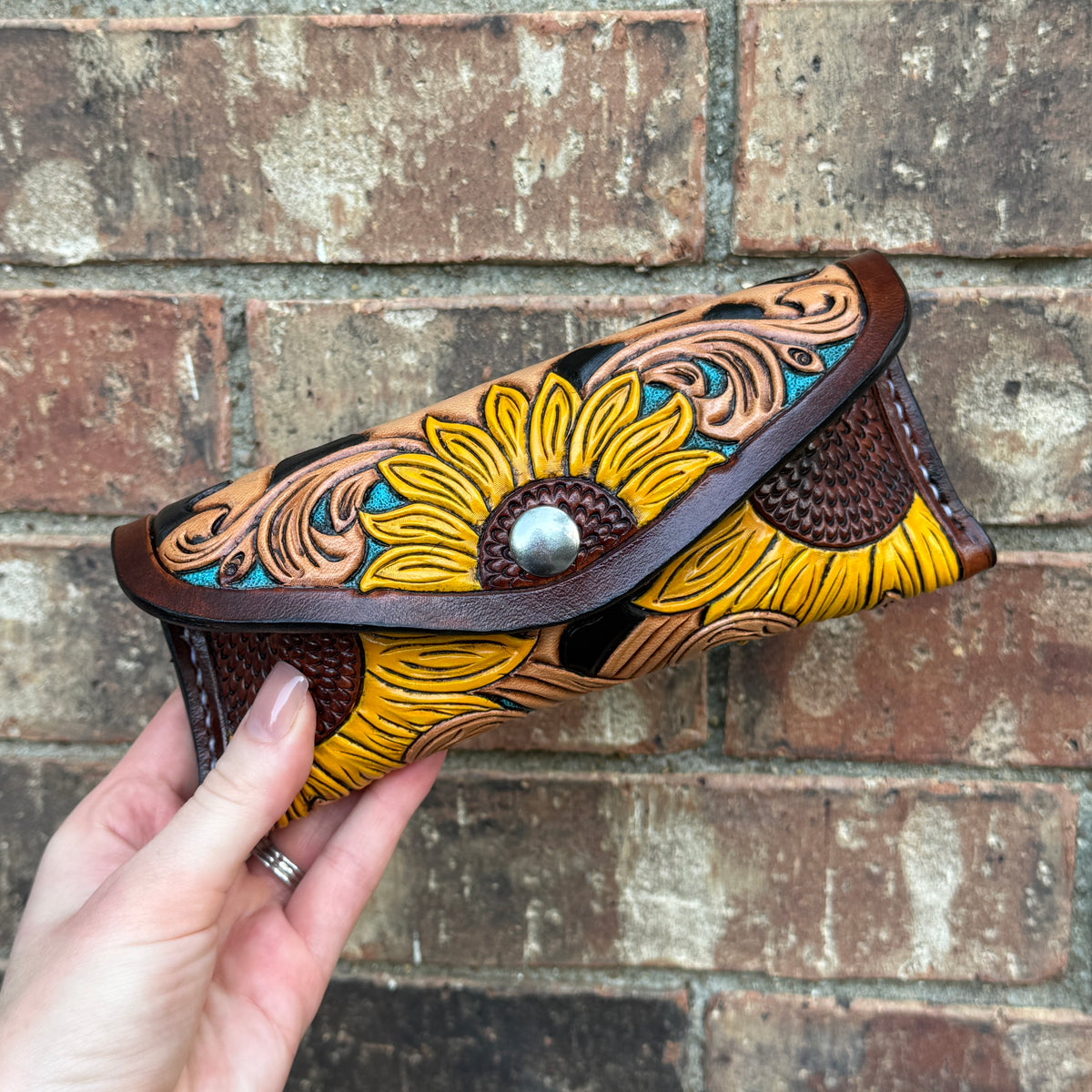 Yellow Sunflower Leopard Sunglass Case - Teal Background